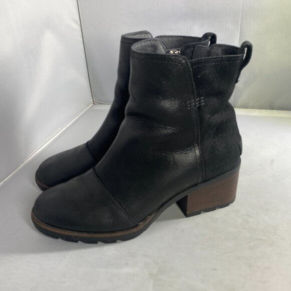 Sorel Cate Waterproof Leather Suede Bootie, Size 7.5, Black, Side Zip Block Heel - Picture 4 of 7